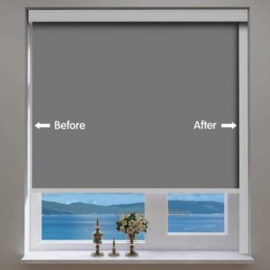 Shade on a window showing before and after installing the pvc strip to block light coming from sides